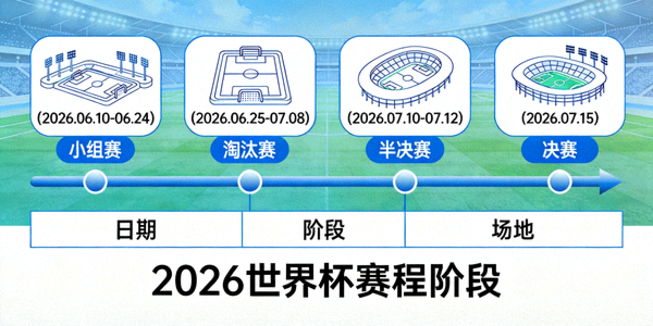 2026世界杯赛程阶段可视化图表 - 显示小组赛、淘汰赛、半决赛和决赛时间线